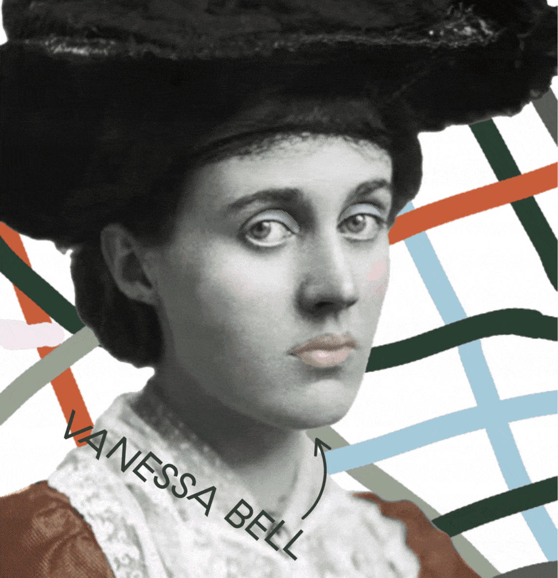 Animated portrait of Vanessa Bell with abstract lines and her name overlayed, symbolizing her influence on the spirit of Nessa restaurant and the legacy of the Bloomsbury Group.