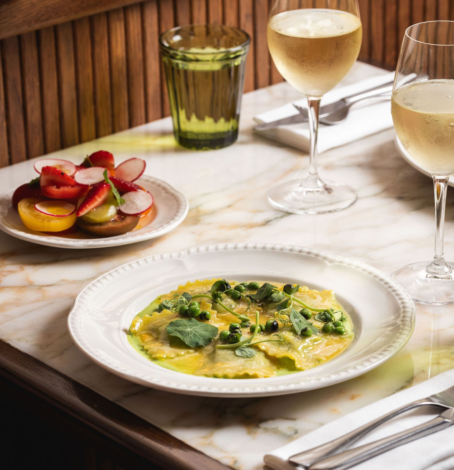 Oysters and pasta lunch plate as Nessa Soho