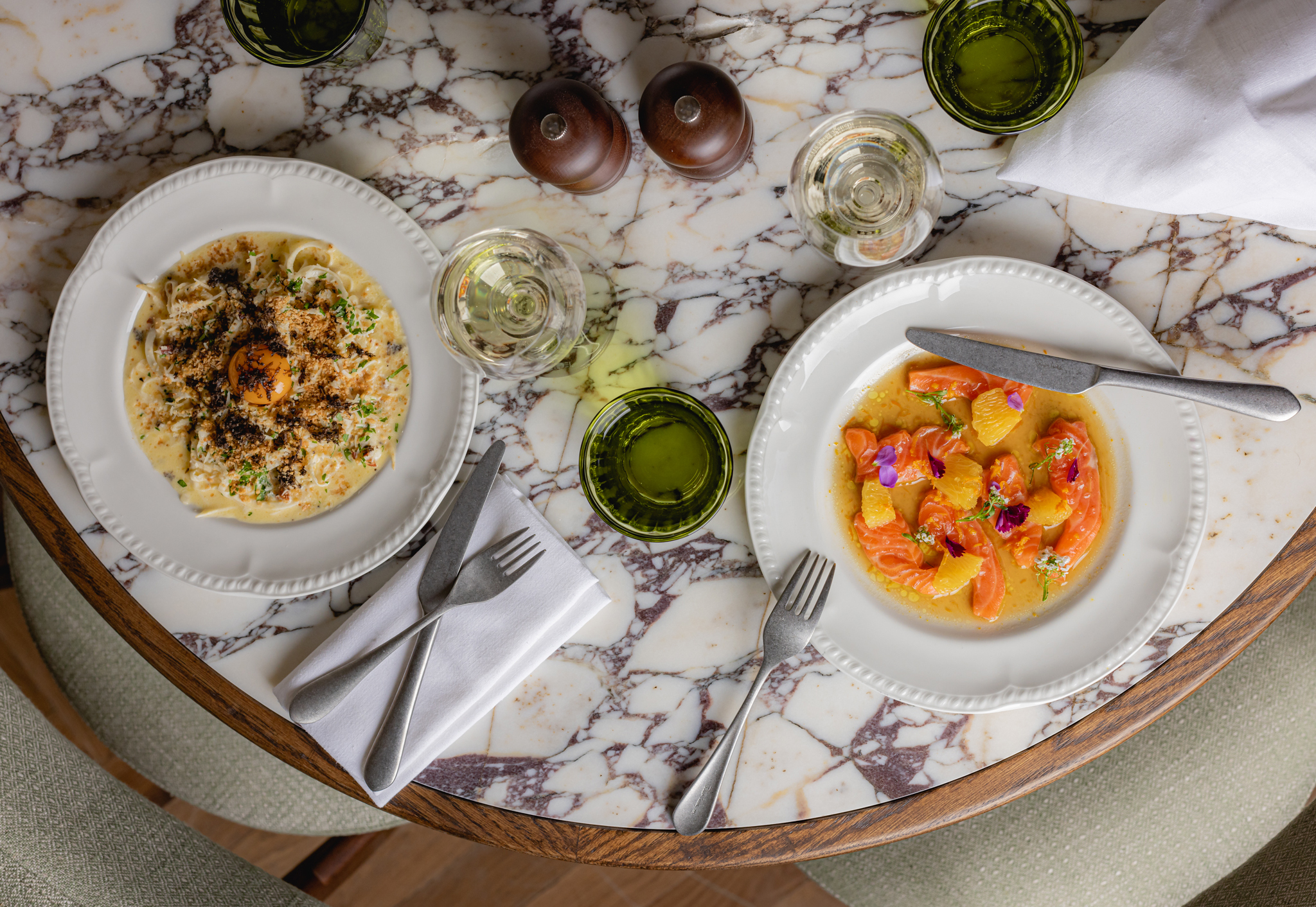 Celeriac Carbonara and Smoked Salmon at Nessa restaurant in Soho