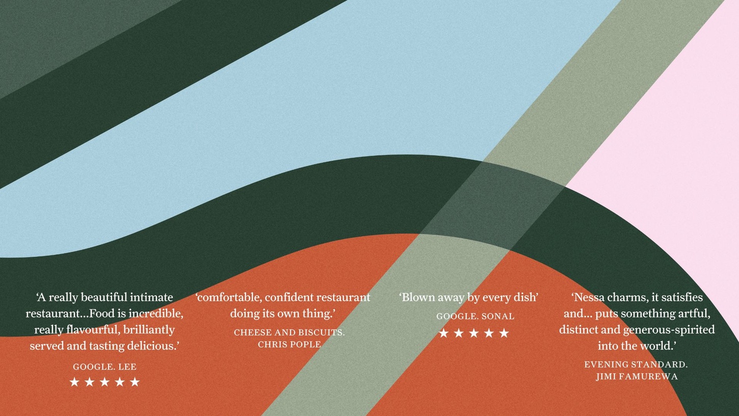 Abstract geometric graphic background with overlapping pastel and earthy tones featuring glowing restaurant reviews from Google, Evening Standard, and food critics.