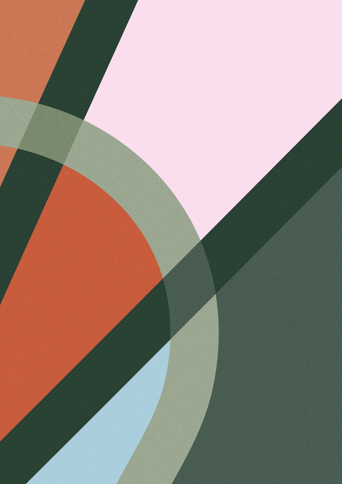 Geometric abstract artwork featuring overlapping arcs and triangles in green, pink, terracotta, and blue tones