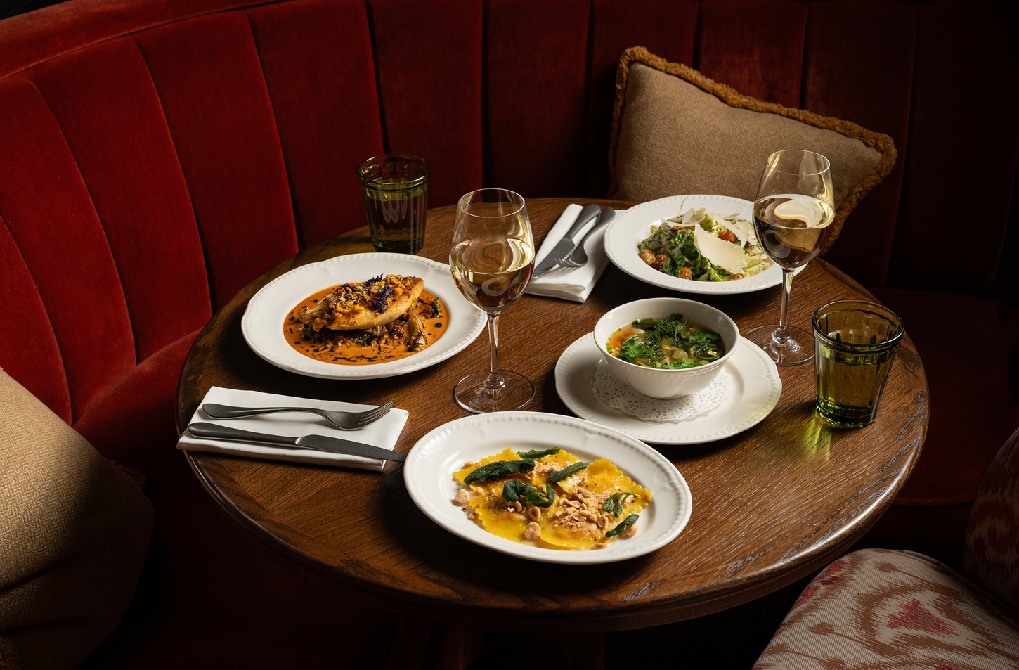 Pre Theatre Dinner plates in Soho, London at Nessa, a British restaurant and bar.