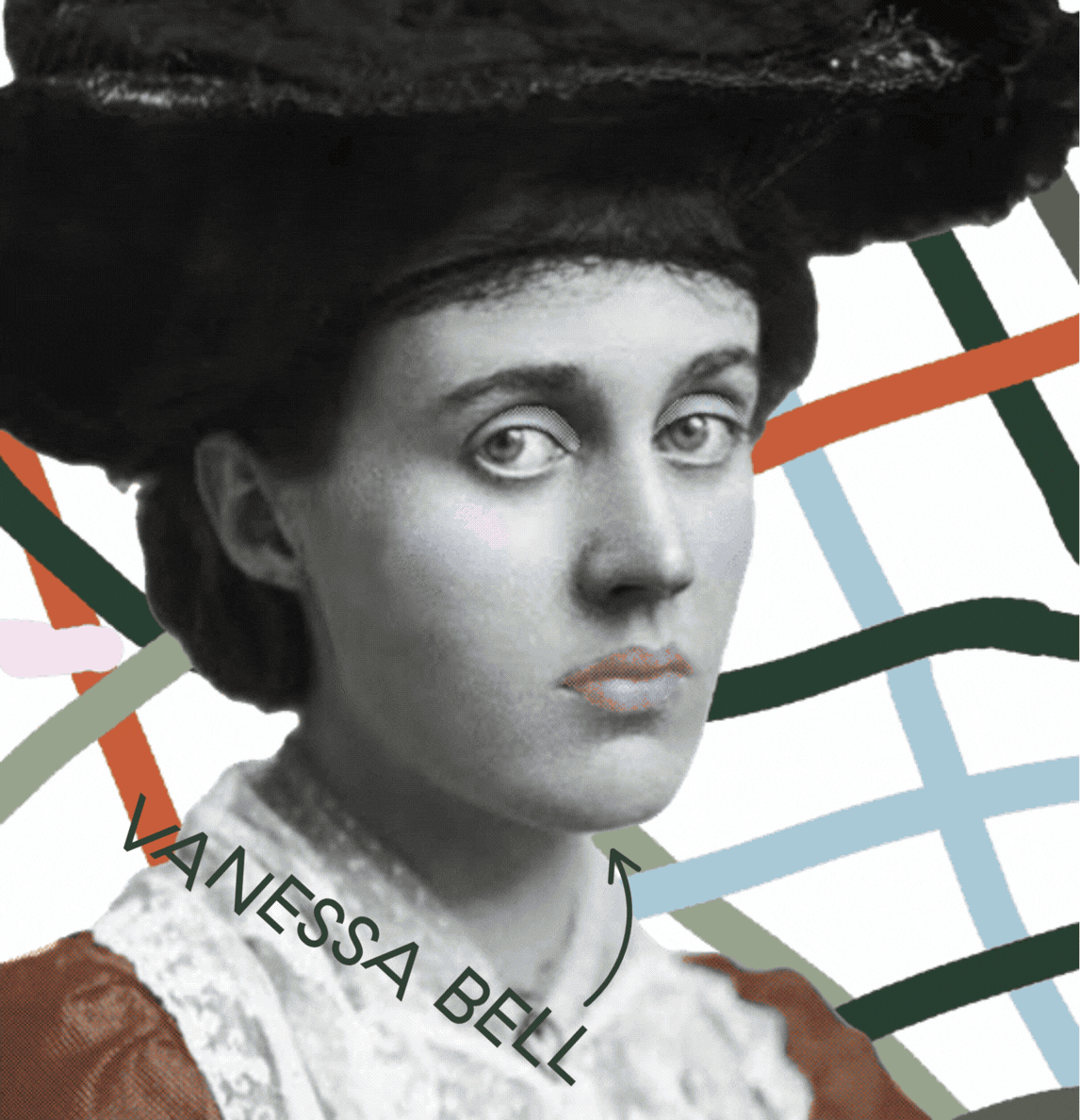 Discover a striking animated portrait of Vanessa Bell. A bold blend of vintage photography and modern graphic lines that adds artistic impact to any page.
